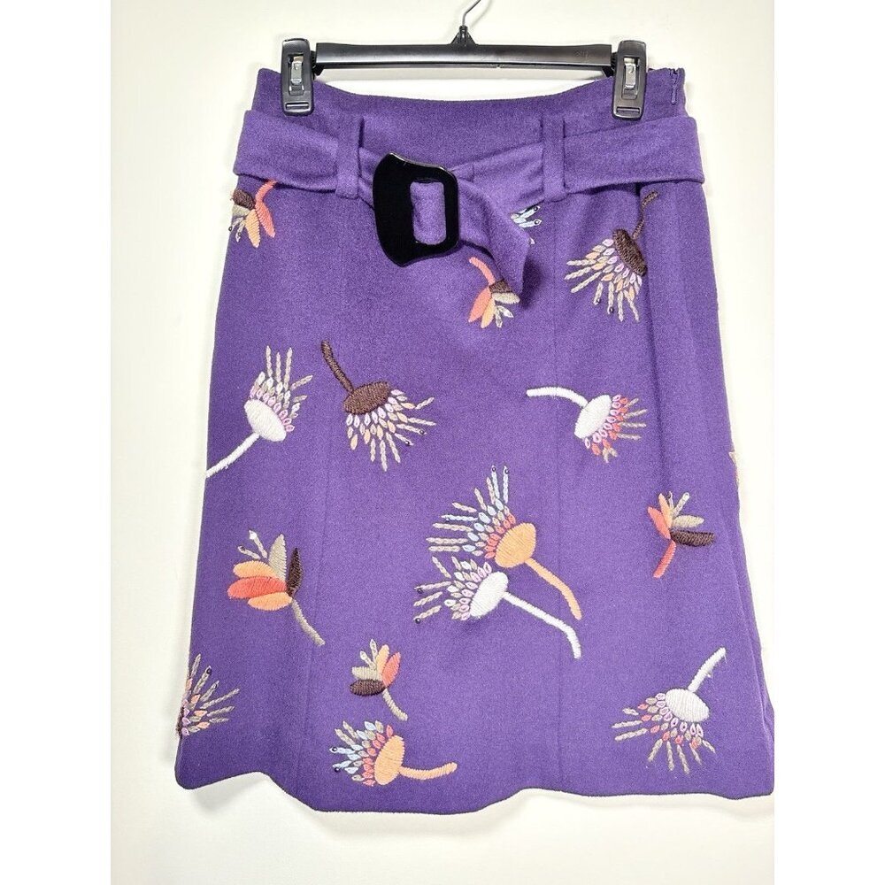 Etcetera Wool Cashmere Skirt Purple Floral Embroidered‎ Belted Boho Artsy Size 4